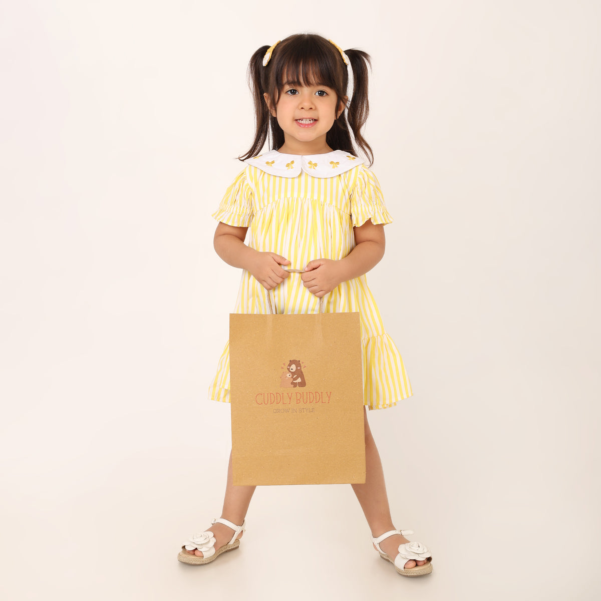 White and Yellow Organic Cotton Striped Dress for Girls