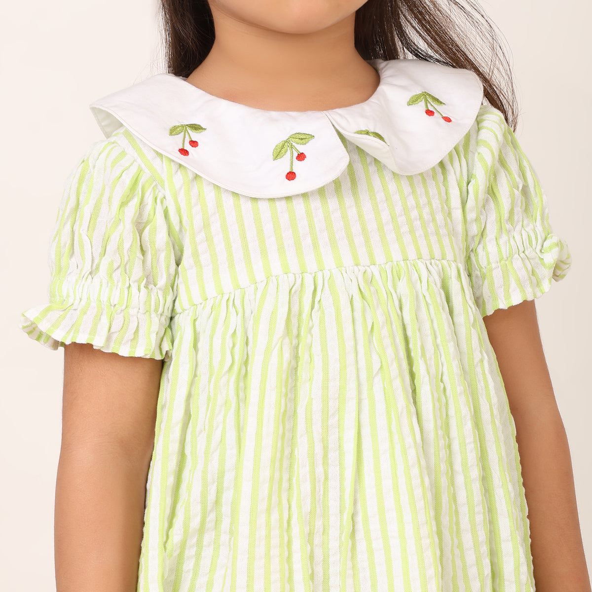 Bright Green Seersucker Striped Dress for Girls