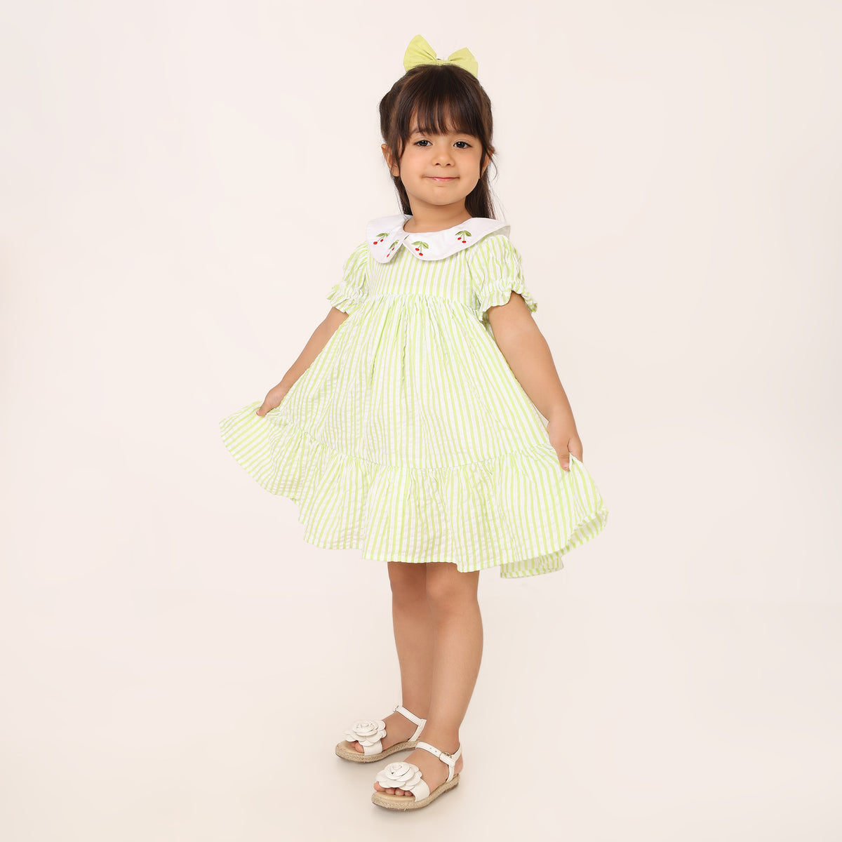 Bright Green Seersucker Striped Dress for Girls