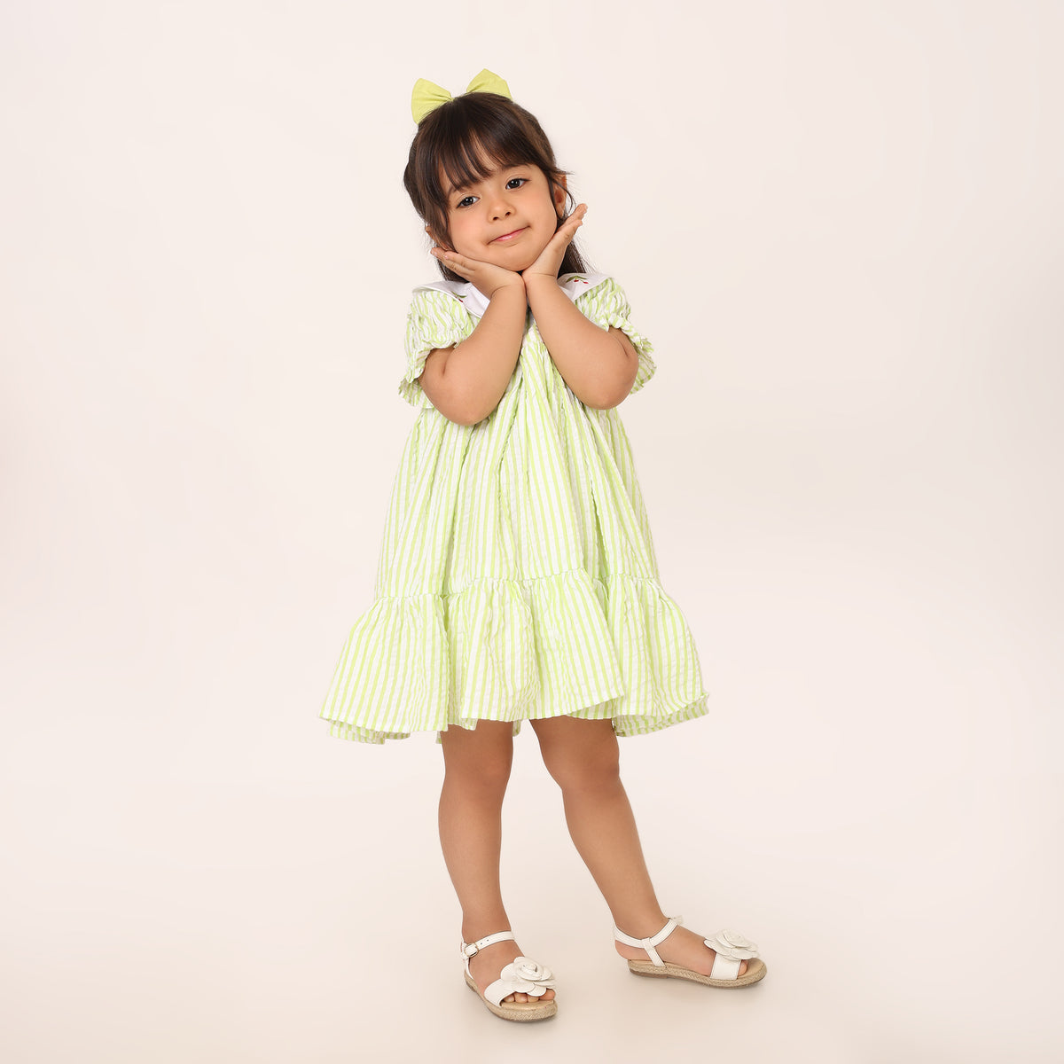 Bright Green Seersucker Striped Dress for Girls