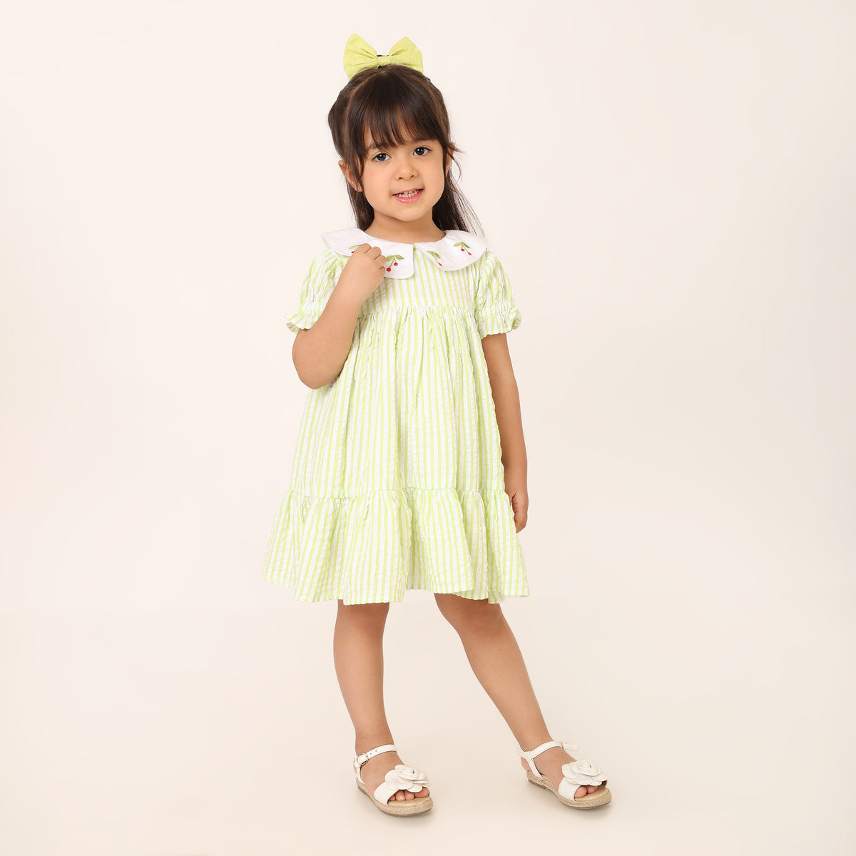 Bright Green Seersucker Striped Dress for Girls