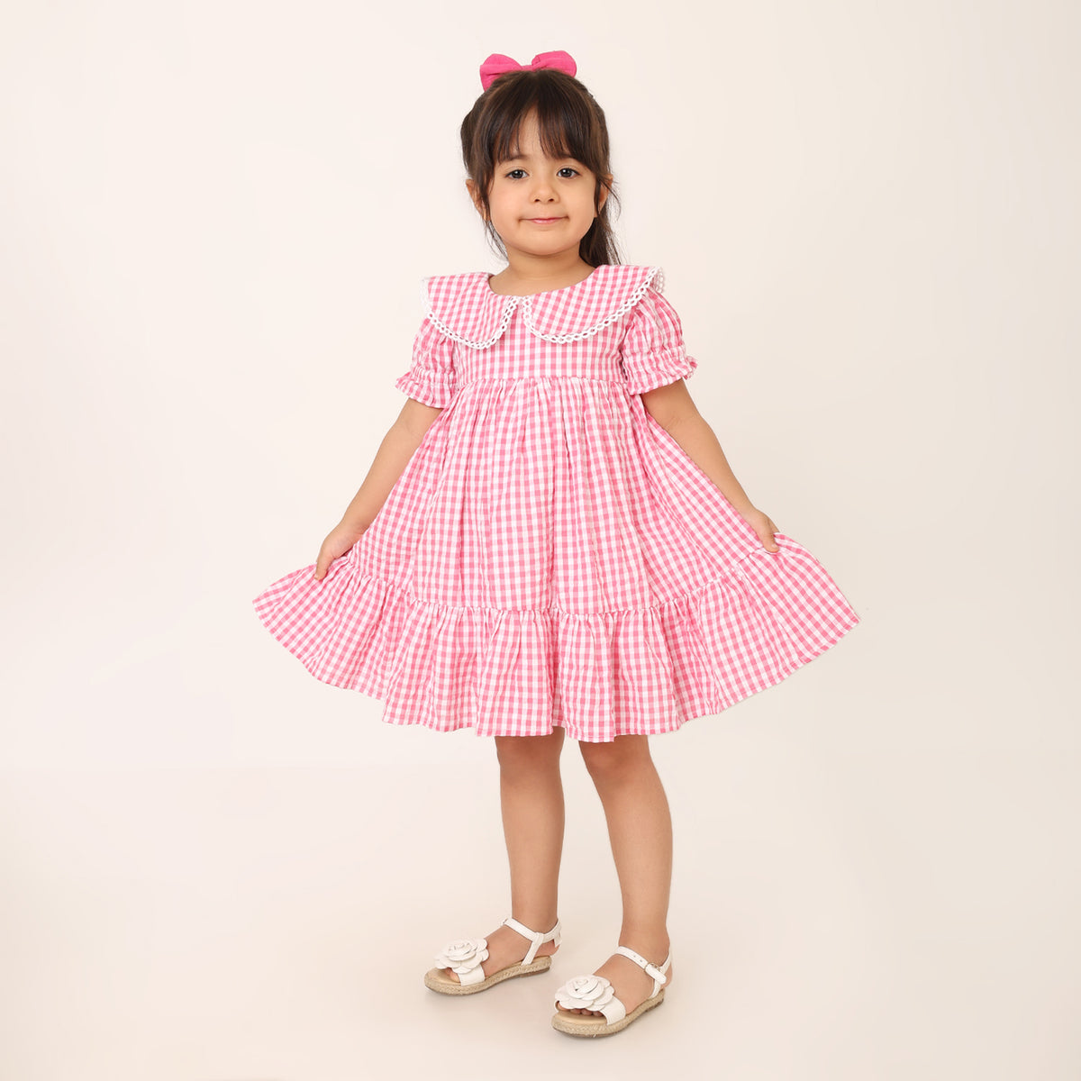 Pink and White Gingham Check Cotton Dress for Girls