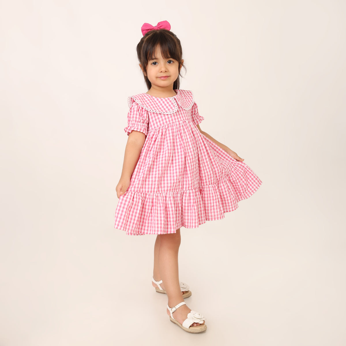 Pink and White Gingham Check Cotton Dress for Girls