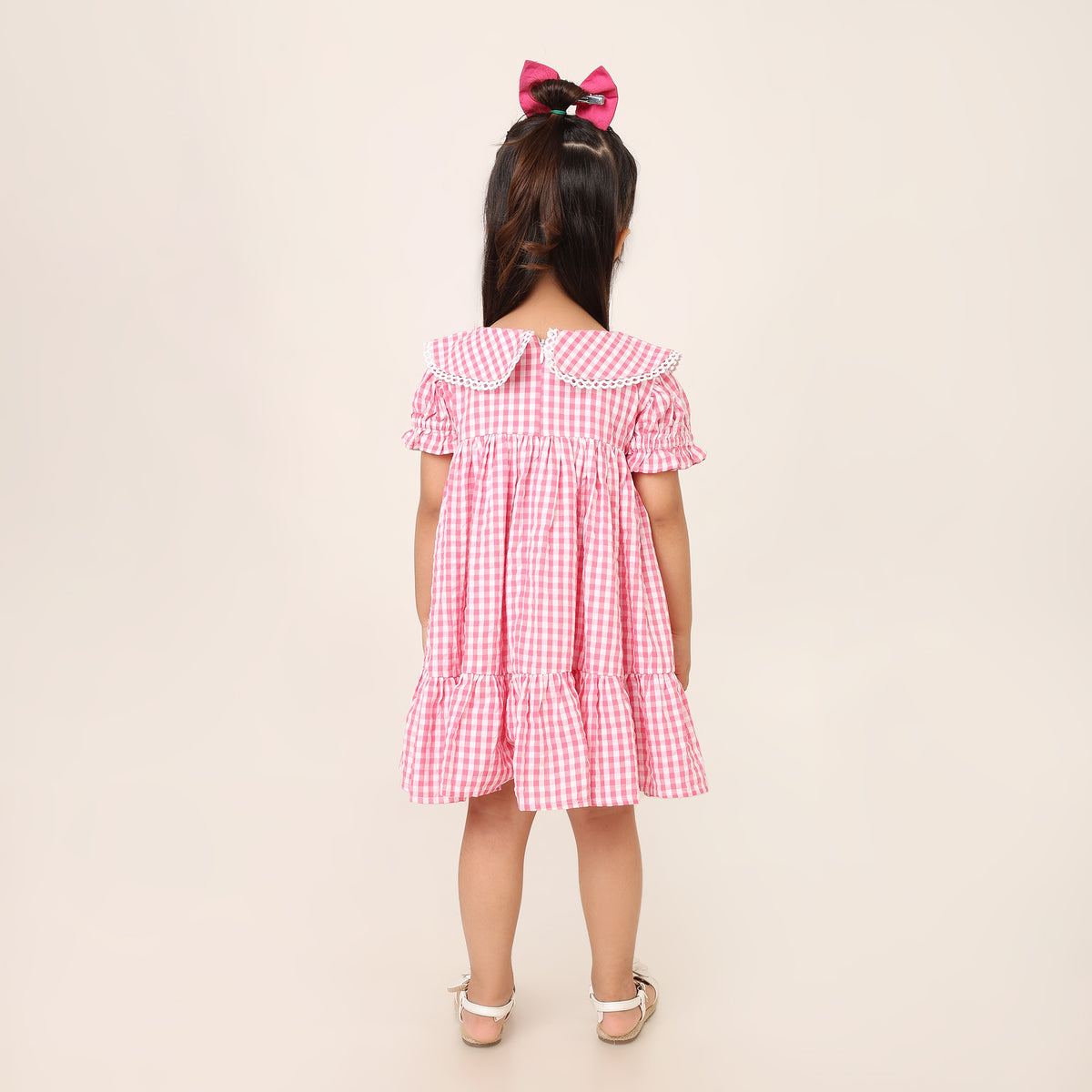 Pink and White Gingham Check Cotton Dress for Girls