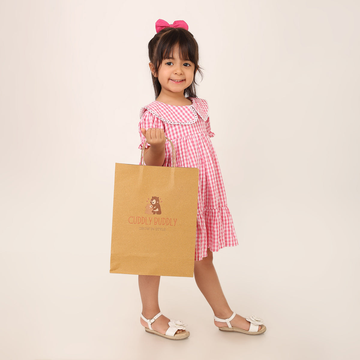 Pink and White Gingham Check Cotton Dress for Girls