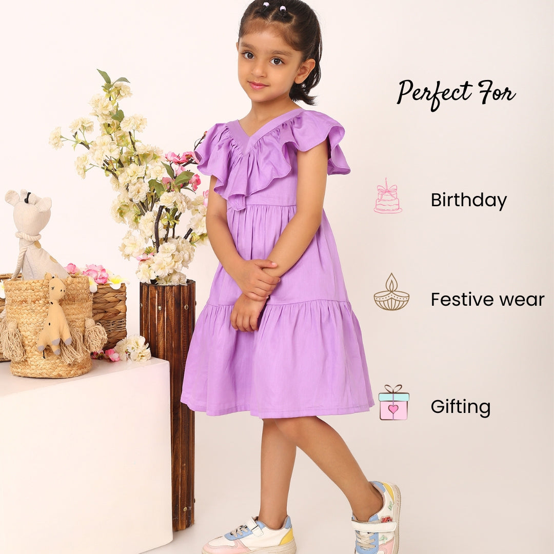 100% Cotton Purple Tier Frill Neck Dress