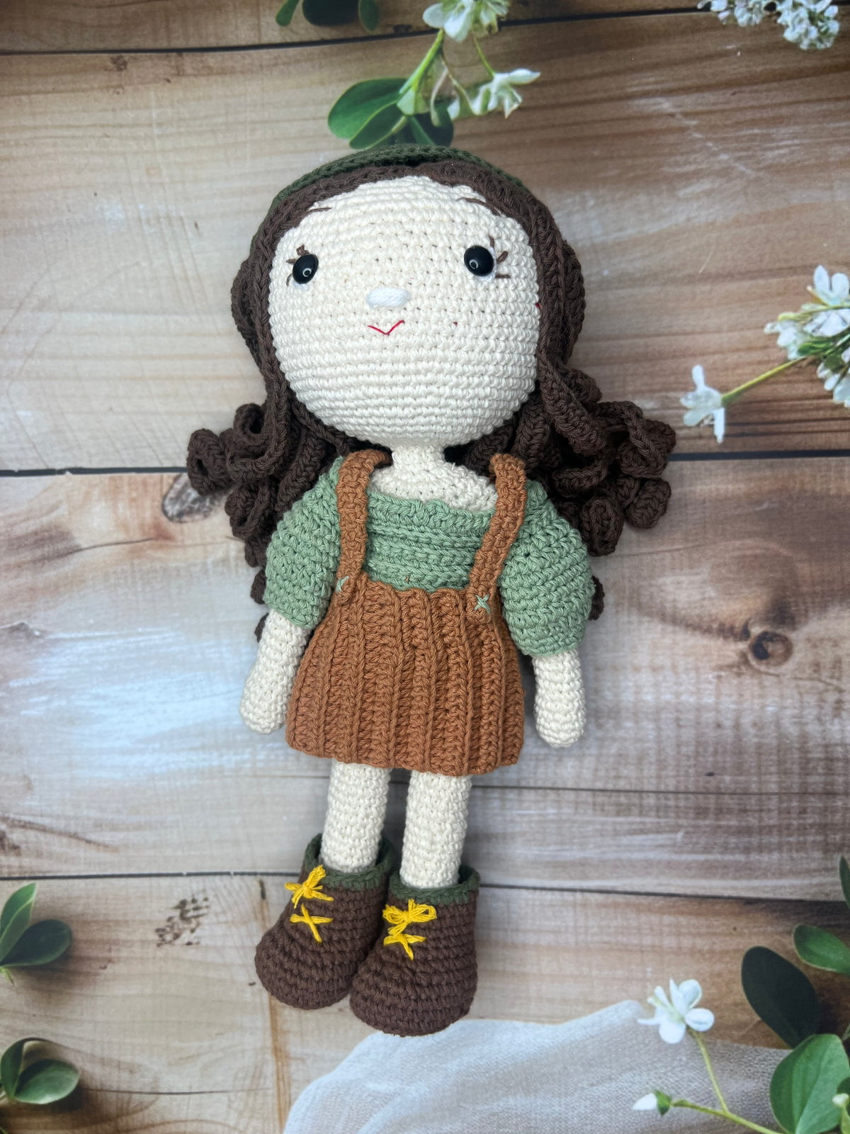 Ava – Handmade Crochet Doll (Olive & Brown)