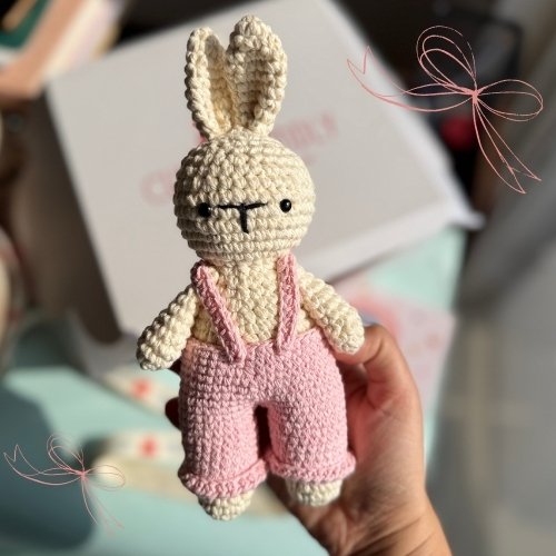 Handmade Crochet Bunny with Dungarees – Pink