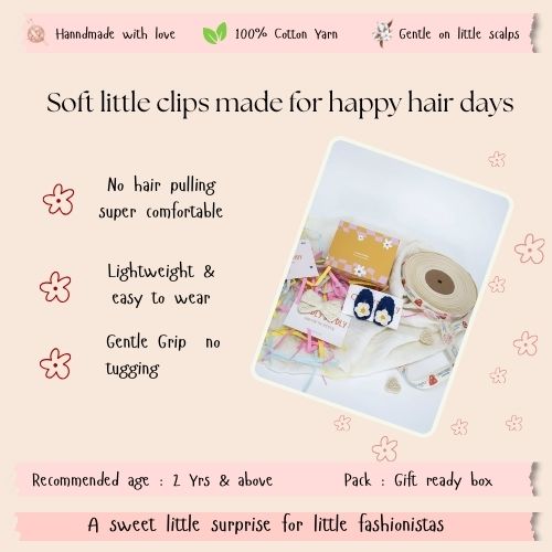 Blue Daisy & Ivory Bow Crochet Gift Box – Set of 3 Clips