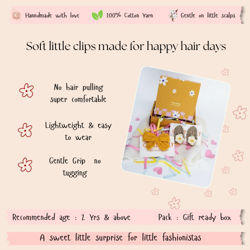 Beige Daisy & Yellow Bow Crochet Gift Box – Set of 3 Clips