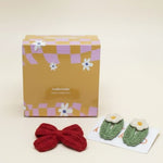 Green Daisy & Red Bow Crochet Gift Box – Set of 3 Clips