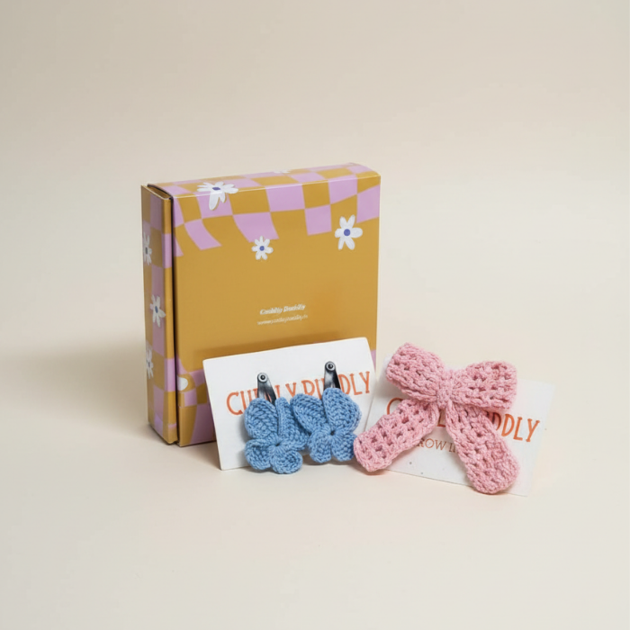 Powder Blue Butterfly & Pink Statement Bow Crochet Gift Box – Set of 3 Clips
