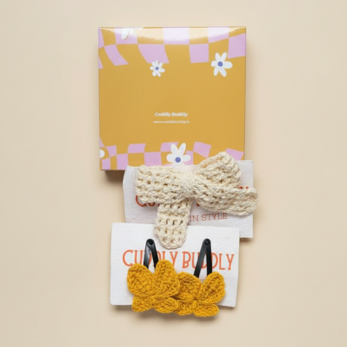 Yellow Butterfly & Ivory Statement Bow Crochet Gift Box – Set of 3 Clips