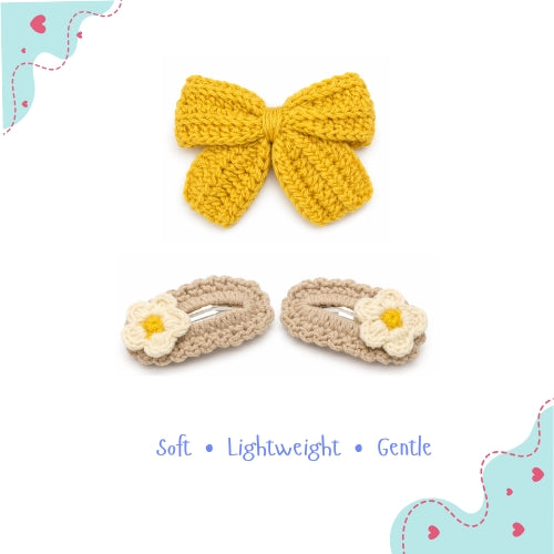 Beige Daisy & Yellow Bow Crochet Gift Box – Set of 3 Clips