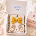Beige Daisy & Yellow Bow Crochet Gift Box – Set of 3 Clips