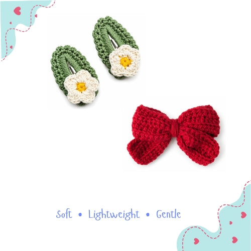 Green Daisy & Red Bow Crochet Gift Box – Set of 3 Clips
