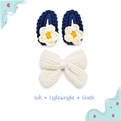 Blue Daisy & Ivory Bow Crochet Gift Box – Set of 3 Clips