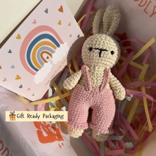 Handmade Crochet Bunny with Dungarees – Pink