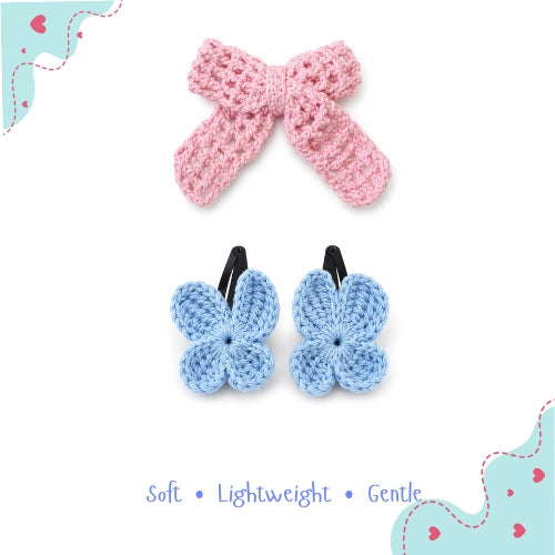 Powder Blue Butterfly & Pink Statement Bow Crochet Gift Box – Set of 3 Clips