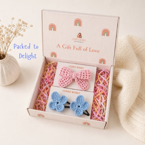 Powder Blue Butterfly & Pink Statement Bow Crochet Gift Box – Set of 3 Clips