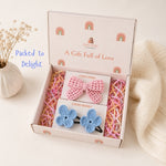 Powder Blue Butterfly & Pink Statement Bow Crochet Gift Box – Set of 3 Clips