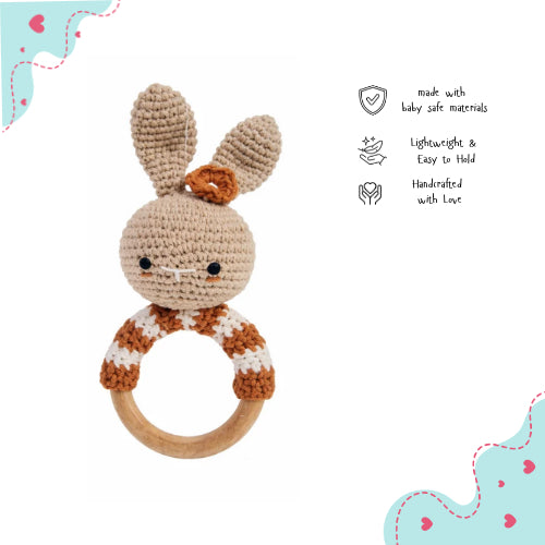Handmade Crochet Bunny Rattle with Wooden Handle | Baby Shower Gift