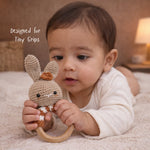 Handmade Crochet Bunny Rattle with Wooden Handle | Baby Shower Gift