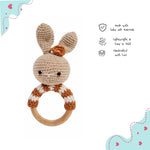 Handmade Crochet Bunny Rattle with Wooden Handle | Baby Shower Gift