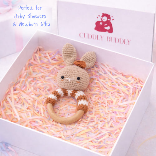 Handmade Crochet Bunny Rattle with Wooden Handle | Baby Shower Gift