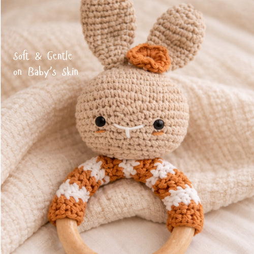 Handmade Crochet Bunny Rattle with Wooden Handle | Baby Shower Gift