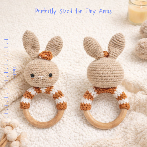 Handmade Crochet Bunny Rattle with Wooden Handle | Baby Shower Gift