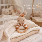 Handmade Crochet Bunny Rattle with Wooden Handle | Baby Shower Gift