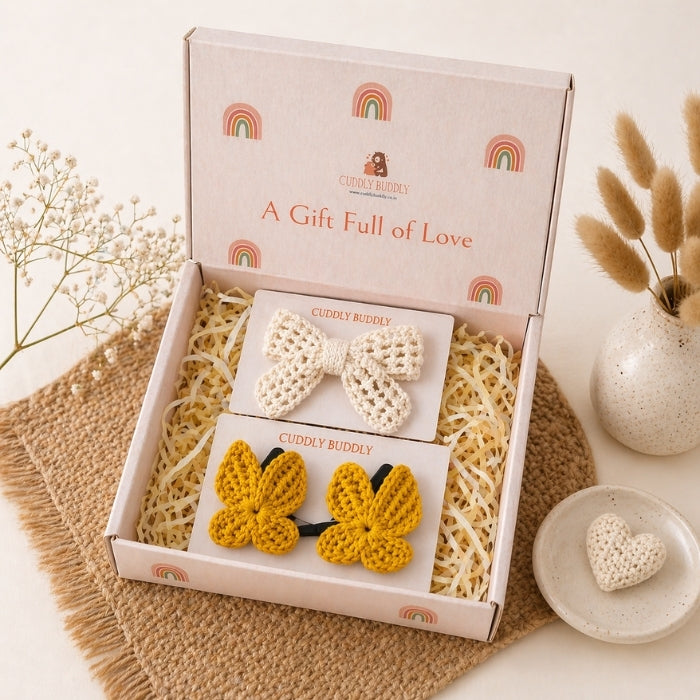 Yellow Butterfly & Ivory Statement Bow Crochet Gift Box – Set of 3 Clips