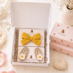 Beige Daisy & Yellow Bow Crochet Gift Box – Set of 3 Clips