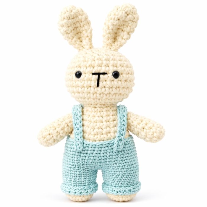 Handmade Crochet Bunny with Dungarees – Powder Blue