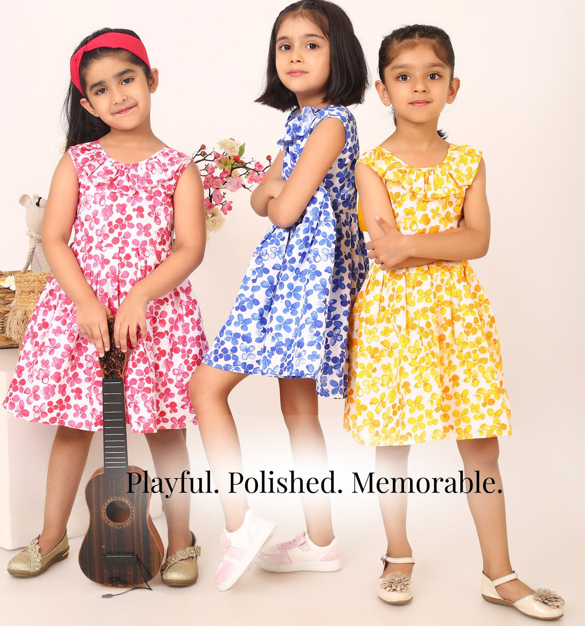 Floral cotton dresses for girls in pink blue and yellow