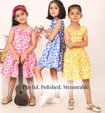 Floral cotton dresses for girls in pink blue and yellow