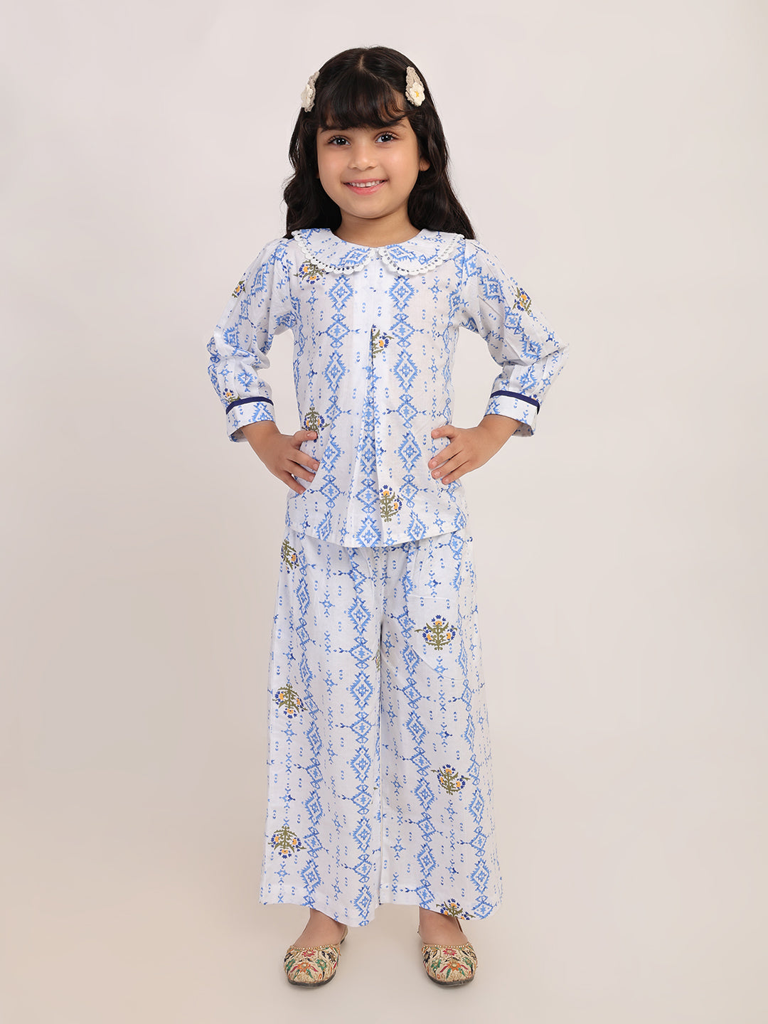 Blue Heritage Cotton Coord Set for Girls | Festive Peter Pan Collar Outfit