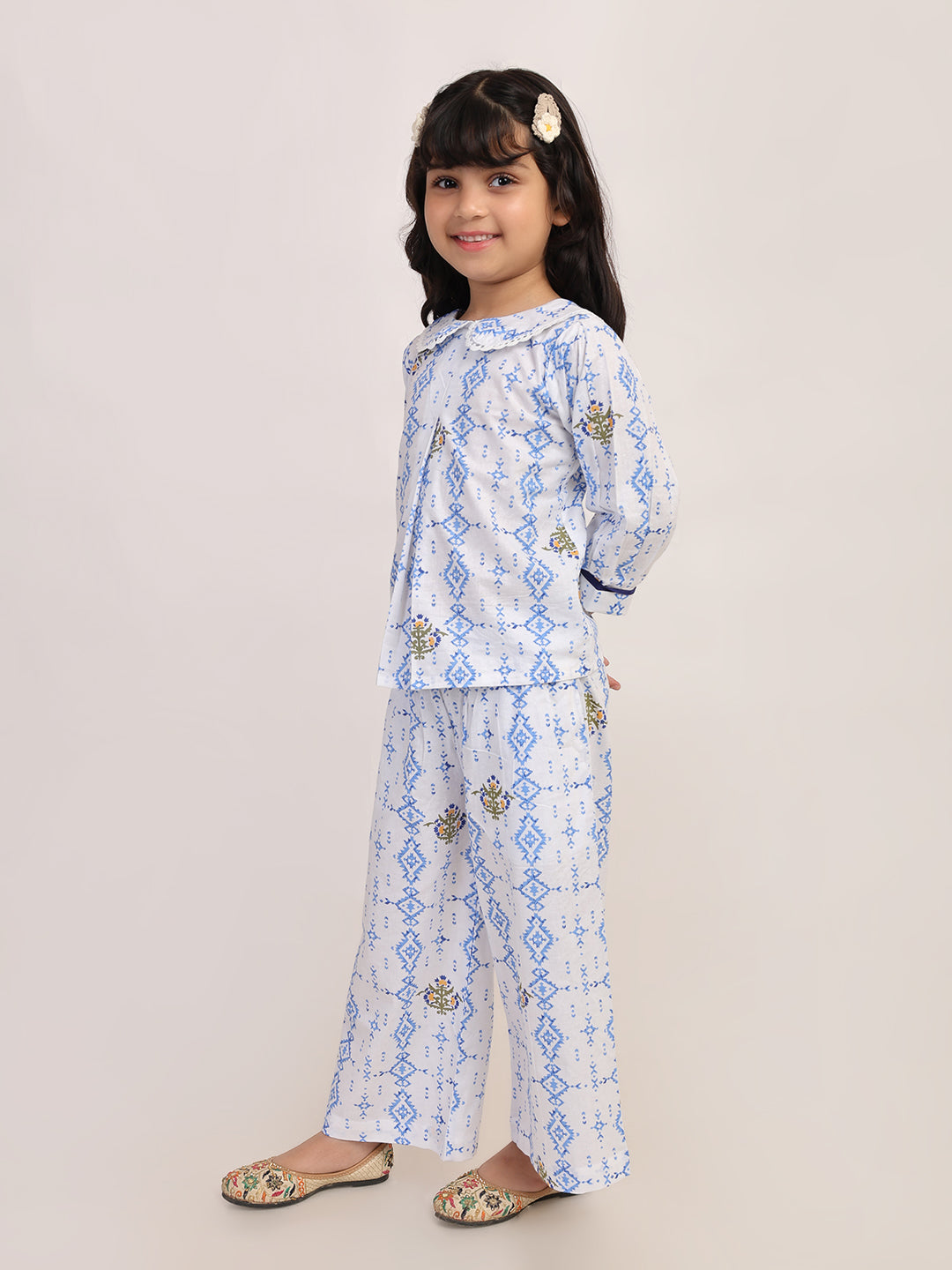 Blue Heritage Cotton Coord Set for Girls | Festive Peter Pan Collar Outfit