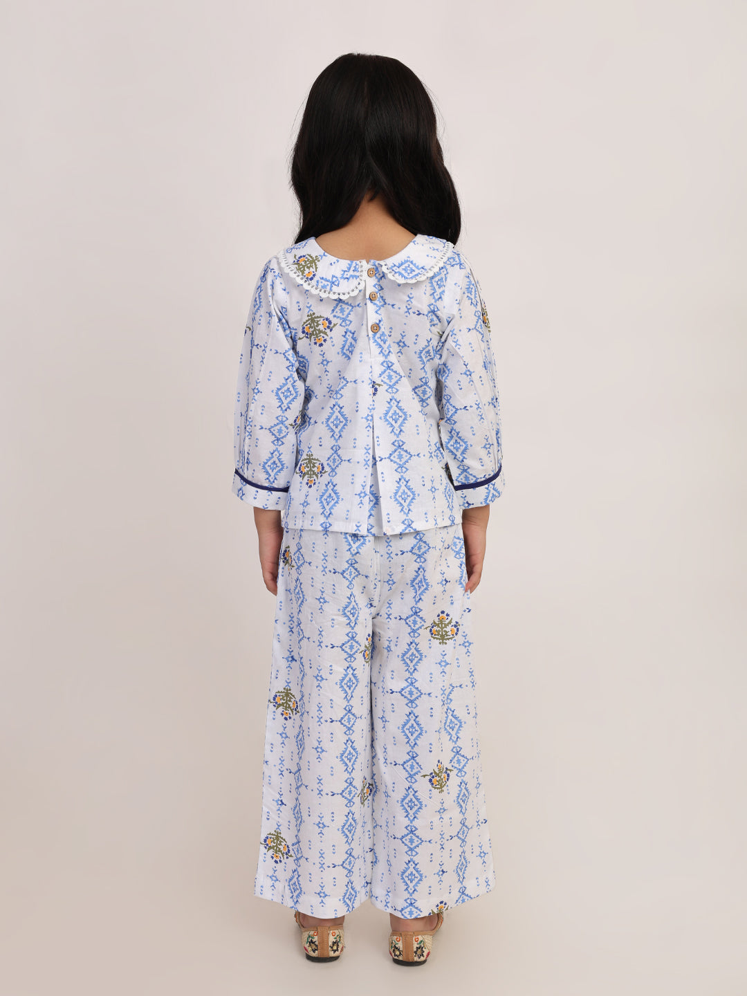 Blue Heritage Cotton Coord Set for Girls | Festive Peter Pan Collar Outfit