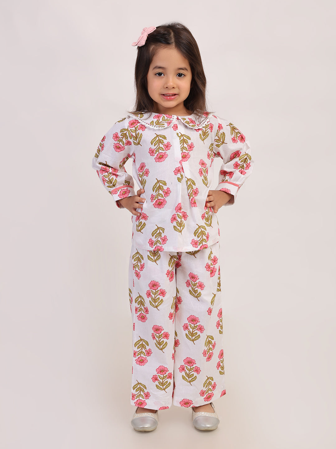 Pink Floral Cotton Coord Set for Girls | Festive Peter Pan Collar Outfit