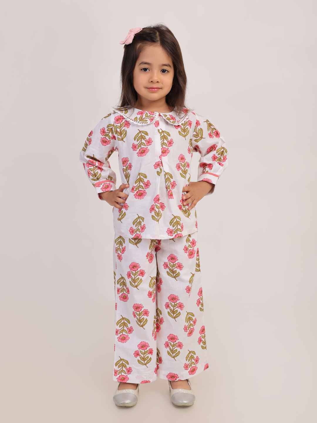 Pink Floral Cotton Coord Set for Girls | Festive Peter Pan Collar Outfit