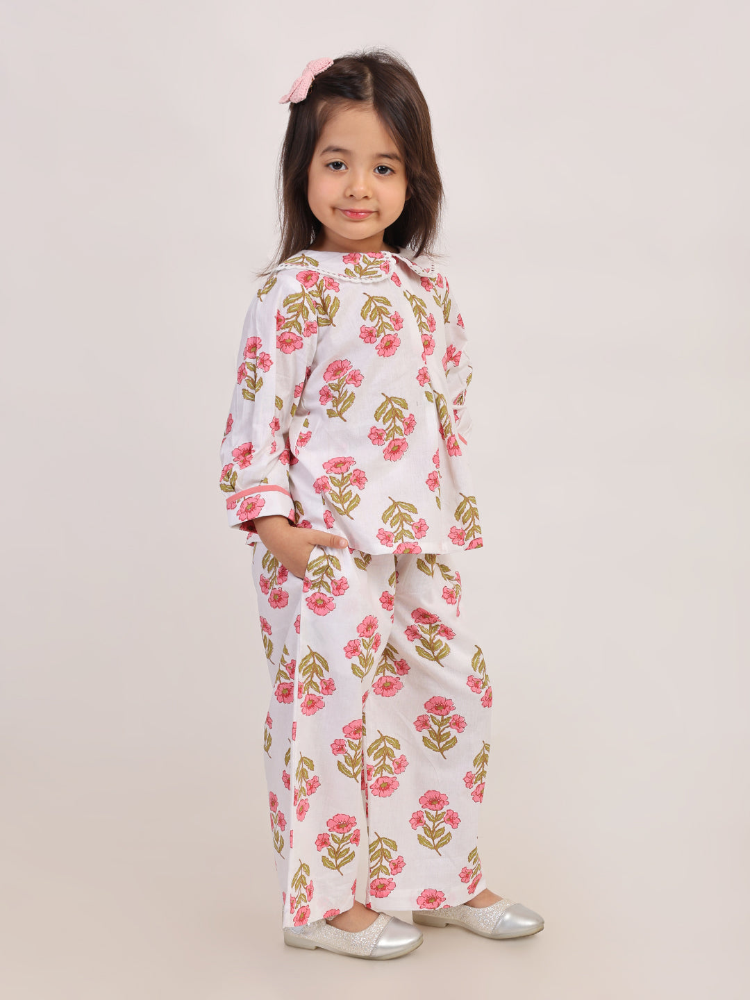Pink Floral Cotton Coord Set for Girls | Festive Peter Pan Collar Outfit