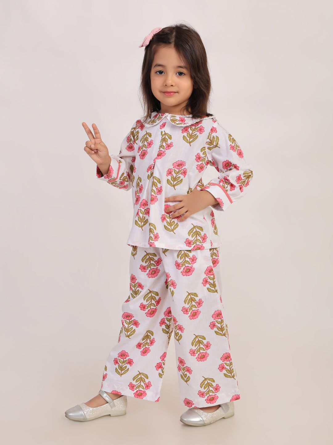 Pink Floral Cotton Coord Set for Girls | Festive Peter Pan Collar Outfit