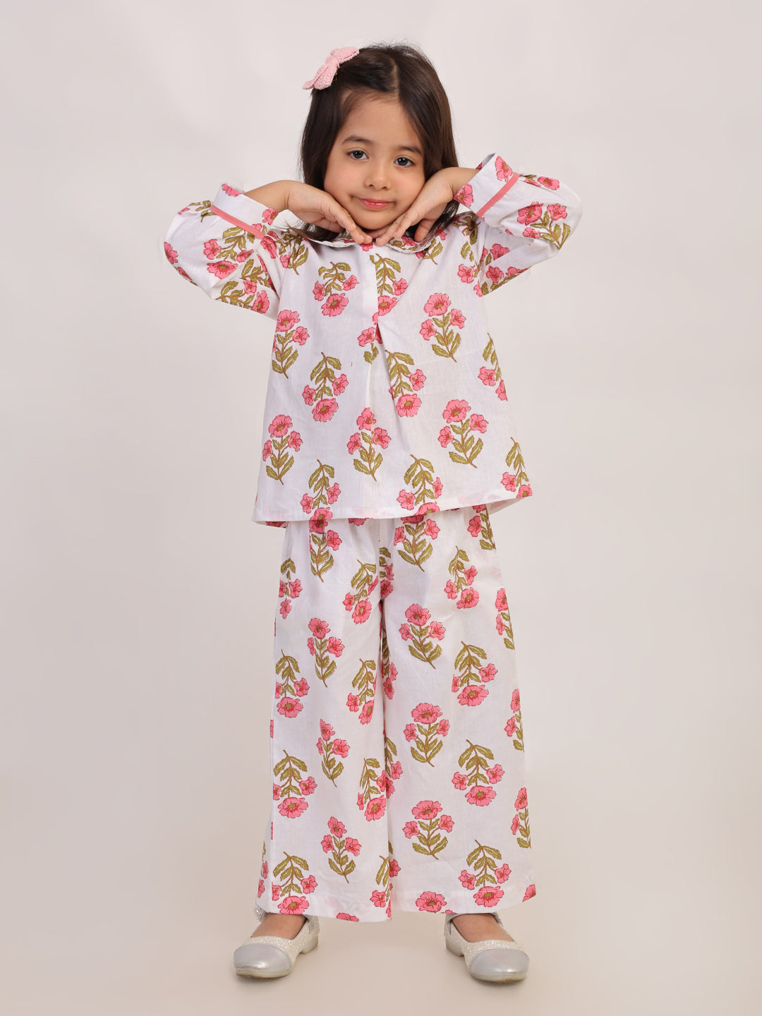 Pink Floral Cotton Coord Set for Girls | Festive Peter Pan Collar Outfit