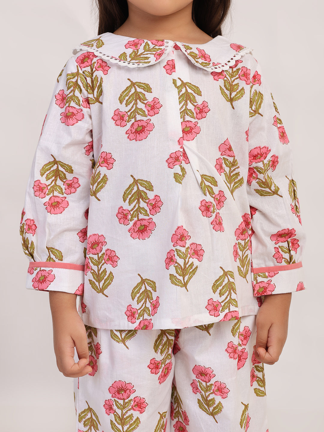 Pink Floral Cotton Coord Set for Girls | Festive Peter Pan Collar Outfit