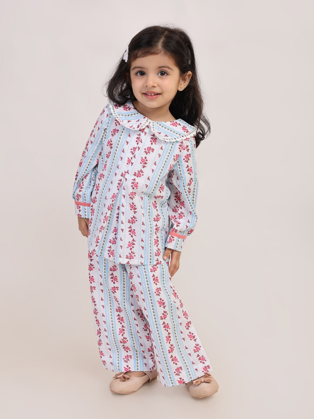 Floral Stripe Cotton Coord Set for Girls | Festive Peter Pan Collar Outfit