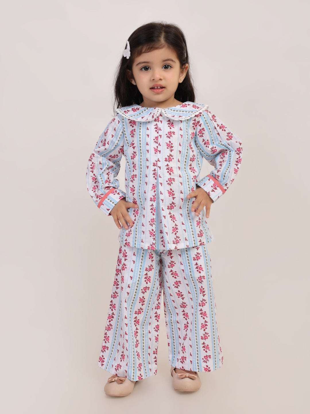 Floral Stripe Cotton Coord Set for Girls | Festive Peter Pan Collar Outfit
