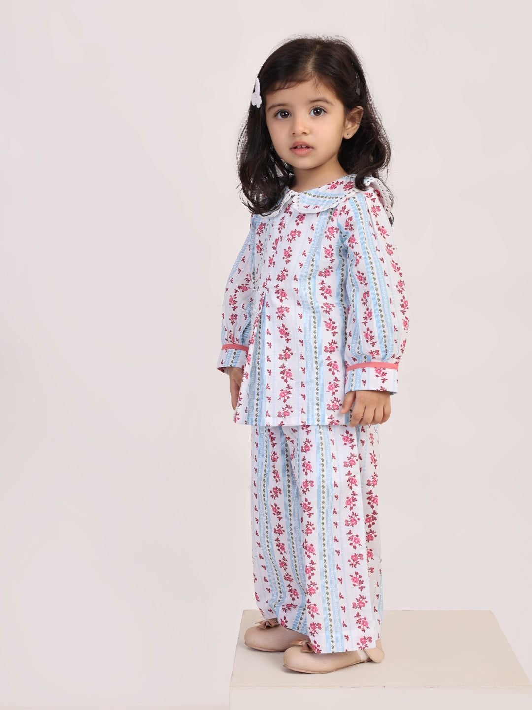 Floral Stripe Cotton Coord Set for Girls | Festive Peter Pan Collar Outfit