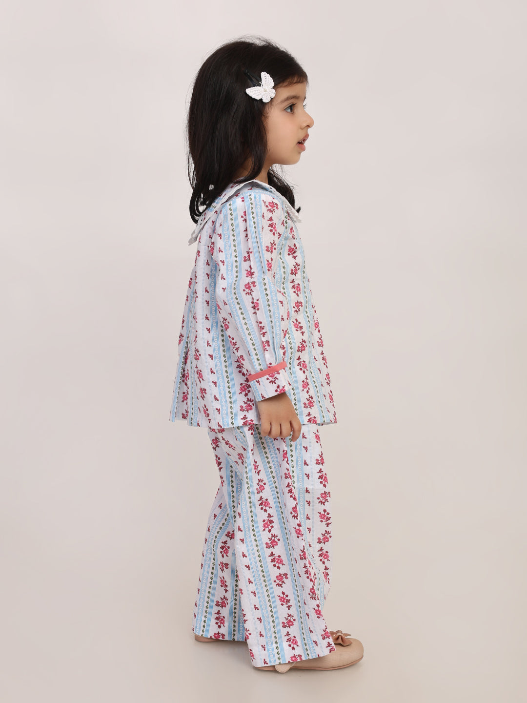 Floral Stripe Cotton Coord Set for Girls | Festive Peter Pan Collar Outfit